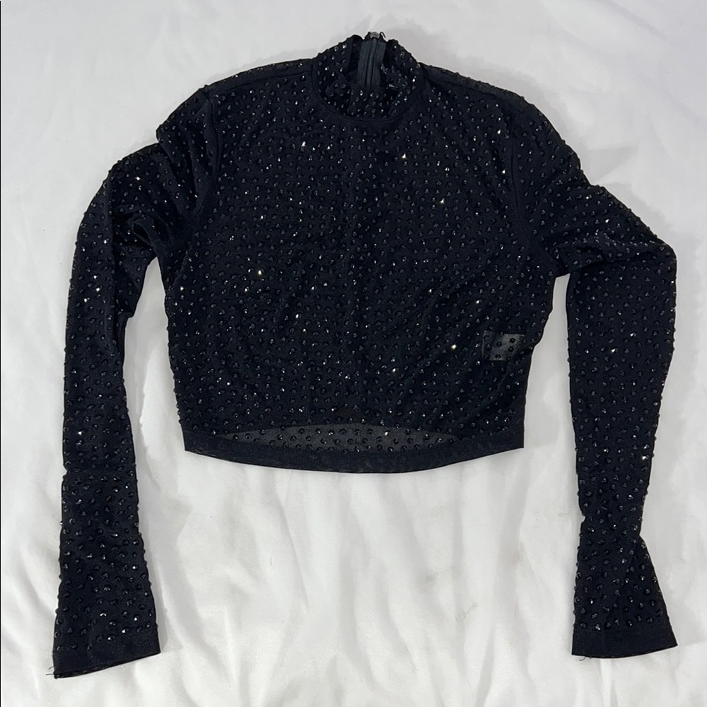 Fashion Nova Black long sleeve Rhinestone Crop Blouse